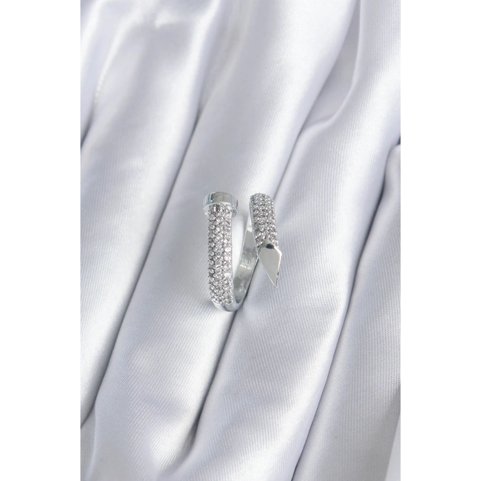 Pirinç Gümüş Renk Zirkon Taşlı Çivi Model Kadın Yüzük