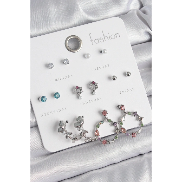 Pirinç Gümüş Renk Zirkon Taşlı Gül Figür Halka Model 7 Çift Kadın Küpe Seti