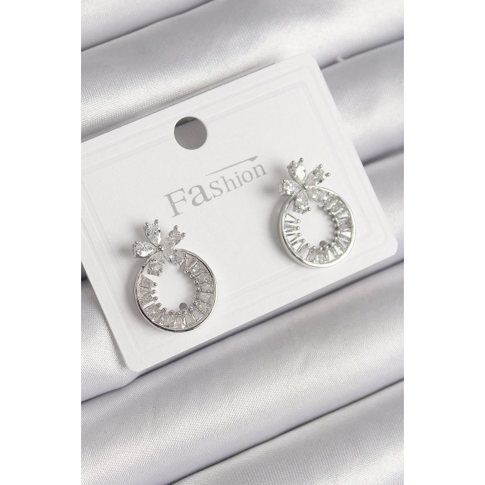 Pirinç Gümüş Renk Zirkon Taşlı Halka Model Çiçek Figür Kadın Küpe