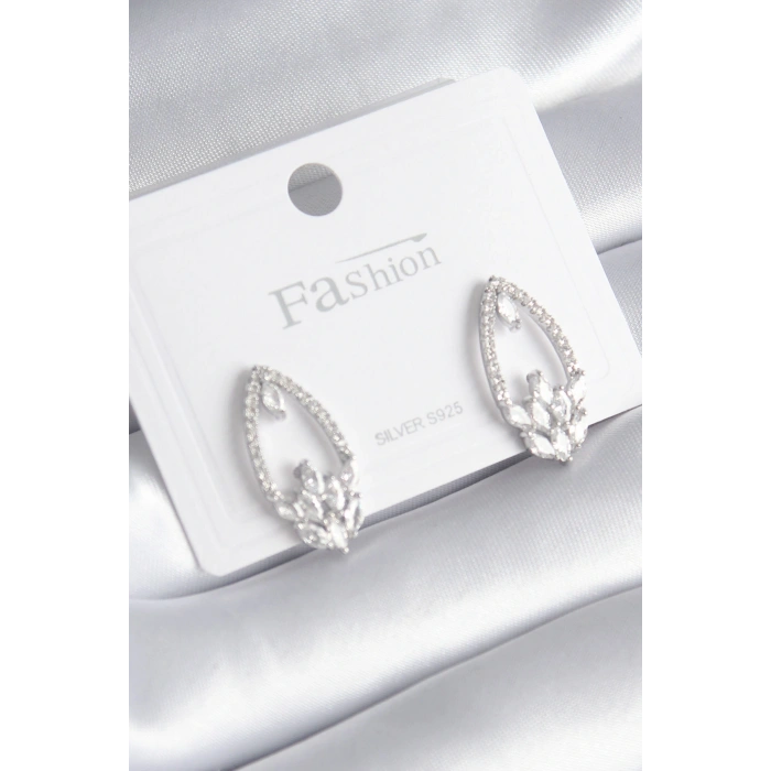 Pirinç Gümüş Renk Zirkon Taşlı Kadın Küpe