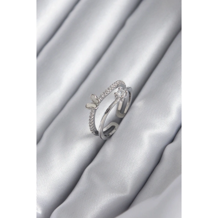 Pirinç Gümüş Renk Zirkon Taşlı Kelebek Model Kadın Yüzük