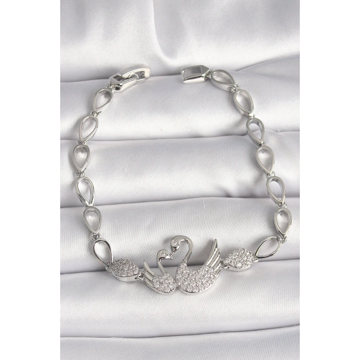 Pirinç Gümüş Renk Zirkon Taşlı Kuğu Figür Damla Zincir Model Kadın Bileklik