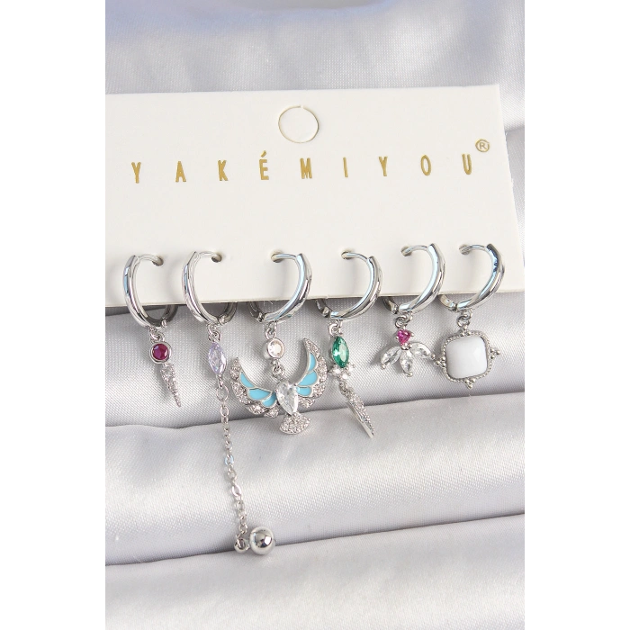 Pirinç Gümüş Renk Zirkon Taşlı Kuş Figür Çiçek Detay 6Lı Kadın Kombin Küpe