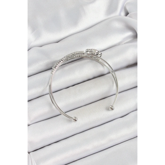 Pirinç Gümüş Renk Zirkon Taşlı Yonca Model 2li Kadın Bileklik