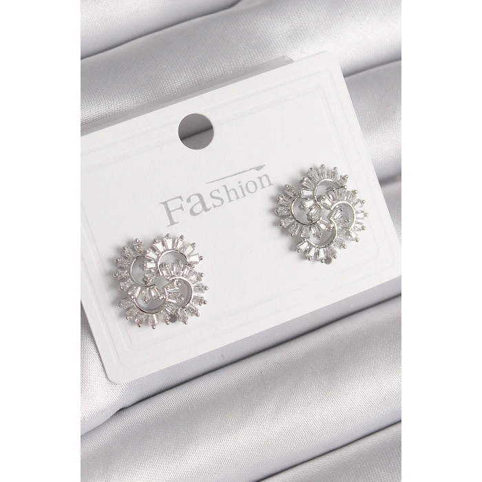 Pirinç Gümüş Renk Zirkon Taşlı Yonca Model Kadın Küpe