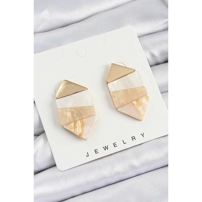 Pirinç Mermer Desenli Vintage Geometrik Model Gold Renk Kadın Küpe