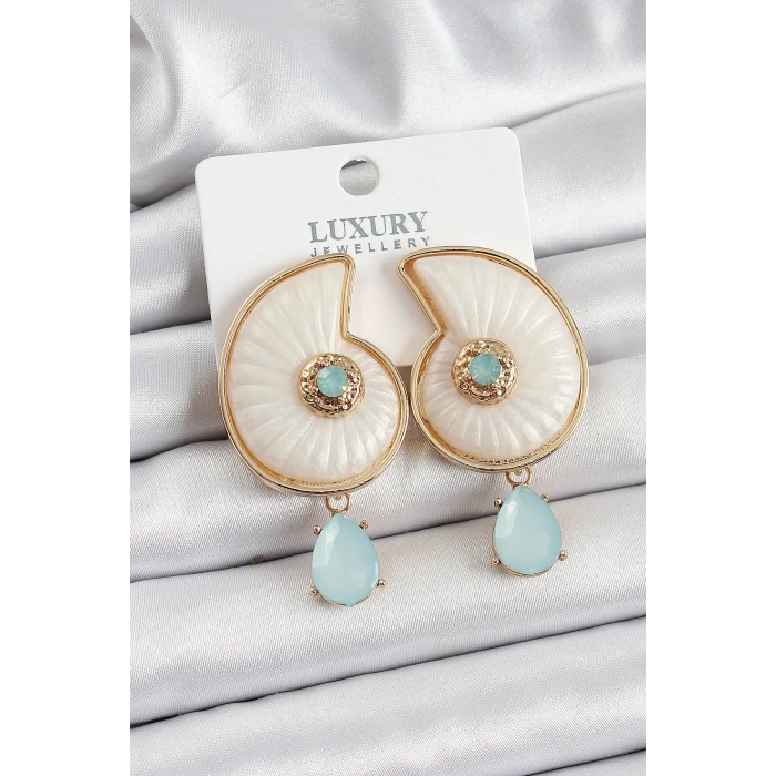 Pirinç Sedef Deniz Kabuğu Figürlü Zirkon Taşlı Gold Renk Kadın Küpe