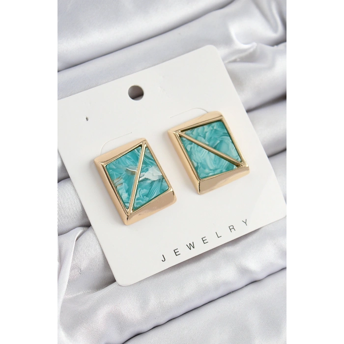 Pirinç Turkuaz Üçgen Kesim Detaylı Kare Model Vintage Gold Renk Kadın Küpe