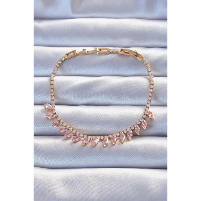 Pirinç Vip Seri Altın Renk Pembe Zirkon Taşlı Bileklik