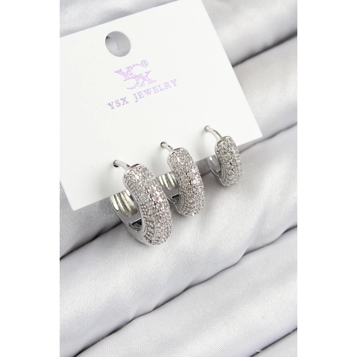 Pirinç Zirkon Taşlı 3lü Halka Model Gümüş Renk Kadın Küpe