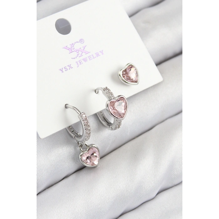 Pirinç Zirkon Taşlı 3lü Pembe Kalp Model Gümüş Renk Kadın Küpe