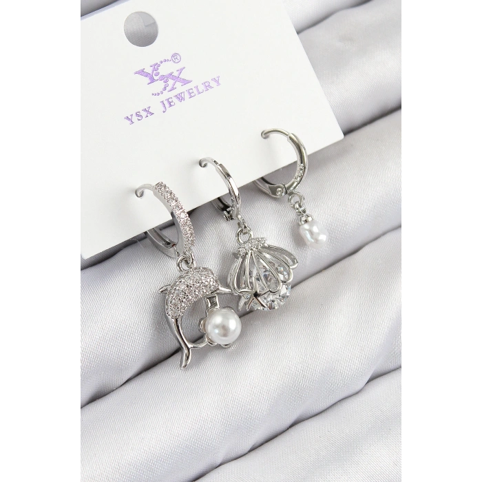 Pirinç Zirkon Taşlı 3lü Yunus Balığı Ve İstiridye Model Gümüş Renk Kadın Küpe