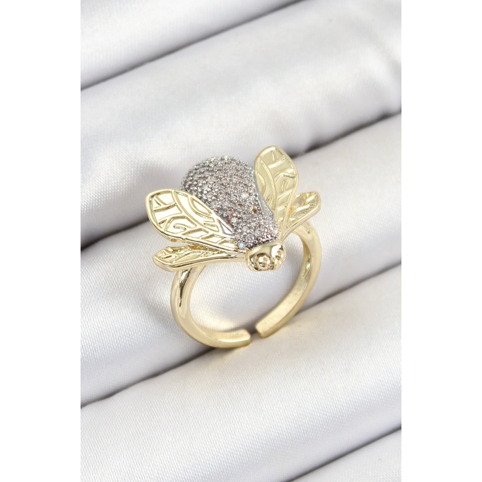 Pirinç Zirkon Taşlı Arı Model Gümüş Ve Gold Renk Kadın Yüzük