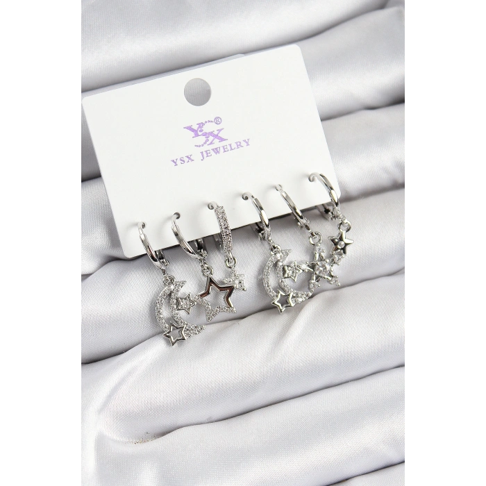 Pirinç Zİrkon Taşlı Ay ve Yıldız Model Gümüş Renk 3lü Çift Kadın Küpe