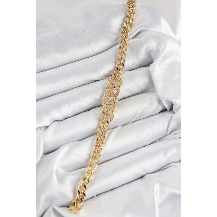 Pirinç Zirkon Taşlı Ezme Küba Zincir Model Gold Renk Kadın Bileklik