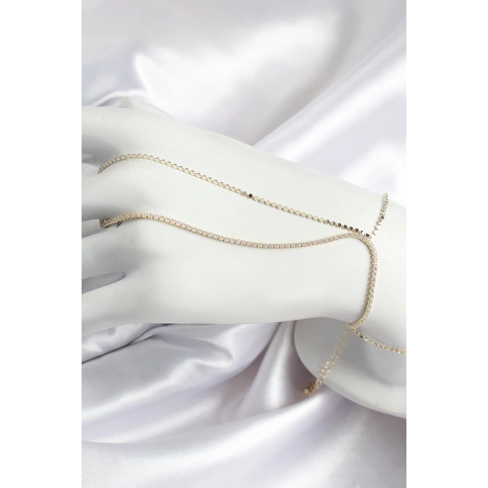 Pirinç Zirkon Taşlı Ezme Zincir Model Gold Renk Kadın Şahmeran