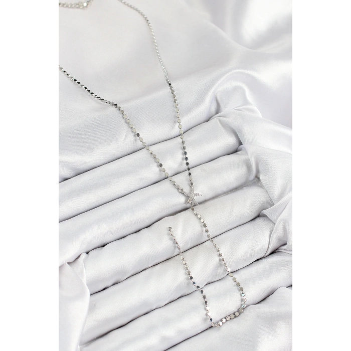 Pirinç Zirkon Taşlı Ezme Zincirli Deniz Yıldızı Model Gümüş Renk Y Kolye