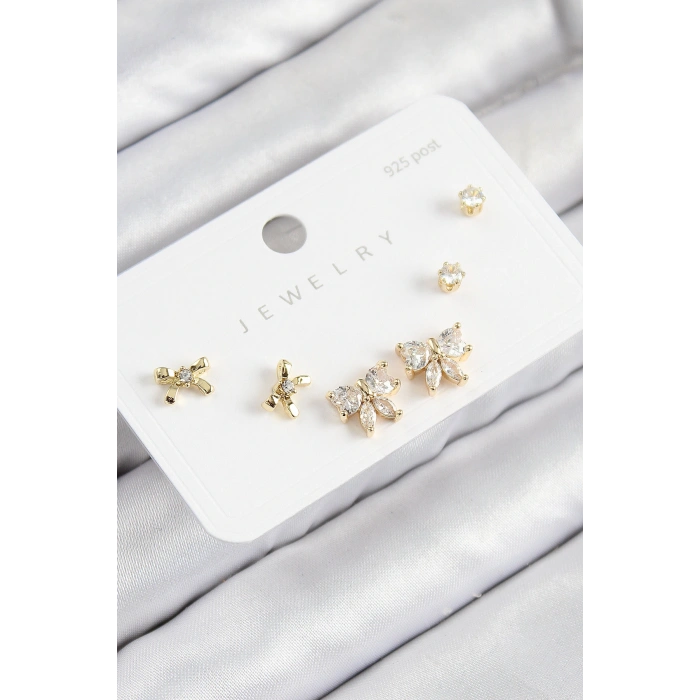 Pirinç Zirkon Taşlı Fiyonk Model Gold Renk 925 Ayar Gümüş Çivi Kadın Küpe Set