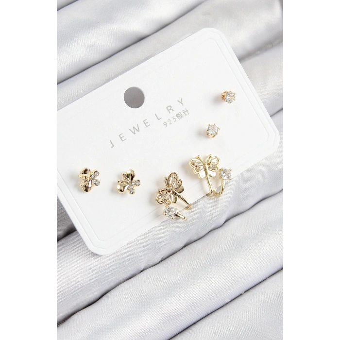 Pirinç Zirkon Taşlı Kelebek Model Gold Renk 925 Ayar Gümüş Çivi Kadın Küpe Set