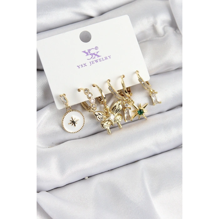 Pirinç Zİrkon Taşlı Kelebek ve Yıldız Model Gold Renk 3lü Çift Kadın Küpe