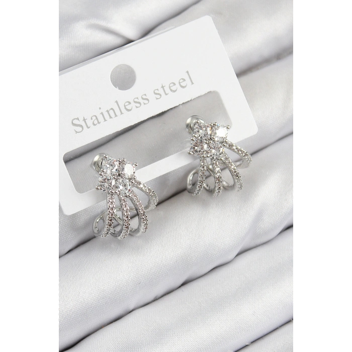 Pirinç Zirkon Taşlı Model Gümüş Renk Kadın Küpe