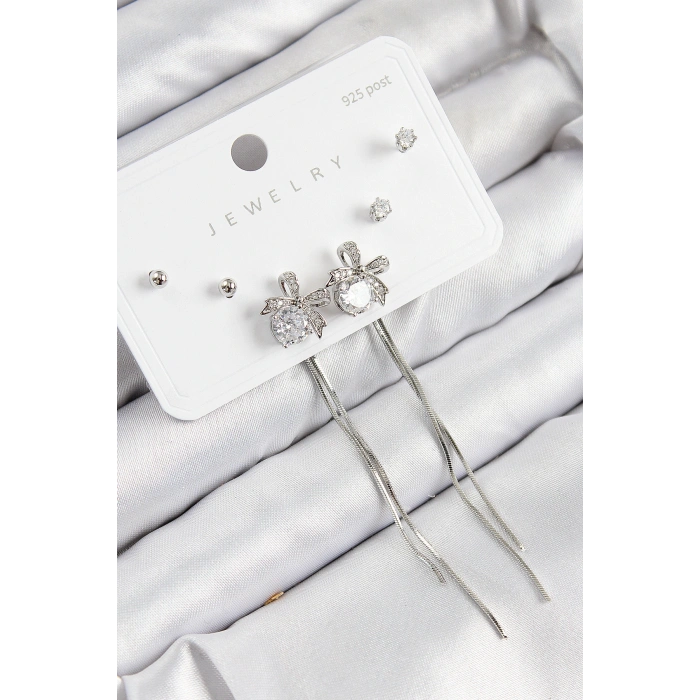 Pirinç Zirkon Taşlı Sallantılı Fiyonk Model Gümüş Renk 925 Ayar Gümüş Çivi Kadın Küpe Set