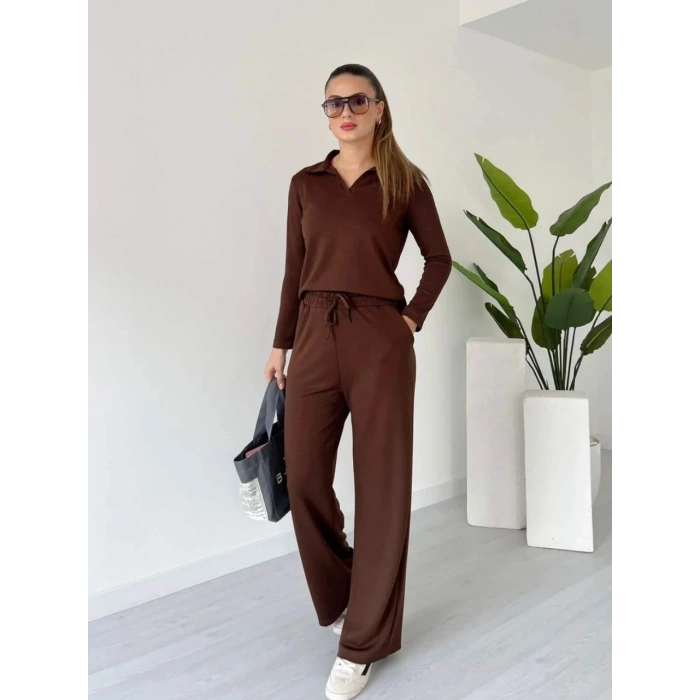 Polo yaka alt üst kollu modal takım kahve pt