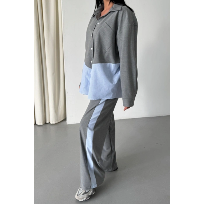 POLYVİSKON - POPLİN PARÇALI GÖMLEK PANTOLON TAKIM - Gri
