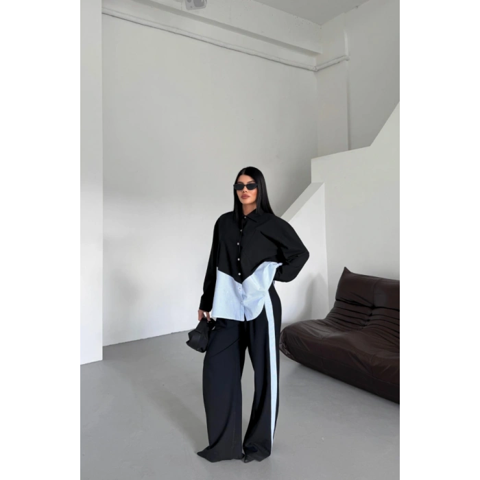 POLYVİSKON - POPLİN PARÇALI GÖMLEK PANTOLON TAKIM - Siyah