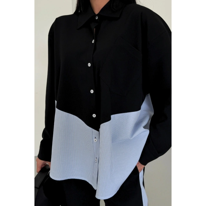 POLYVİSKON - POPLİN PARÇALI GÖMLEK PANTOLON TAKIM - Siyah