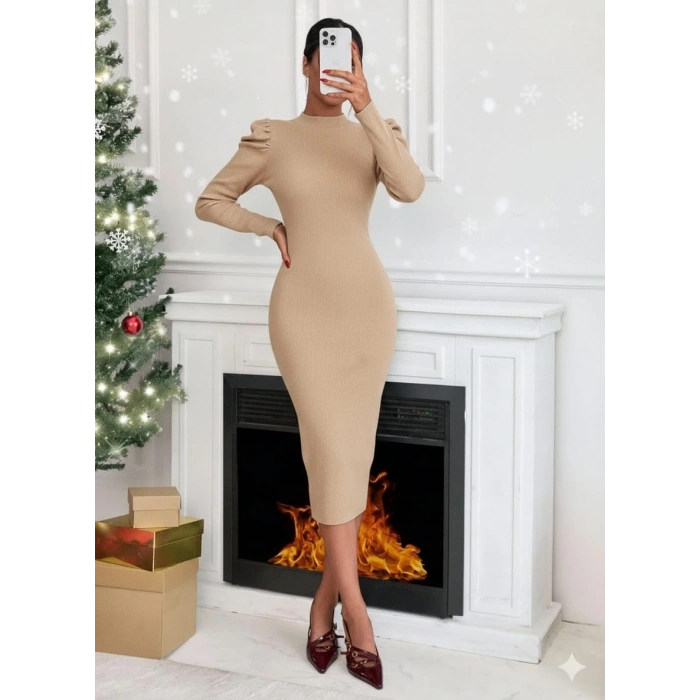 Prenses kol kaşkorse elbise bej a3691