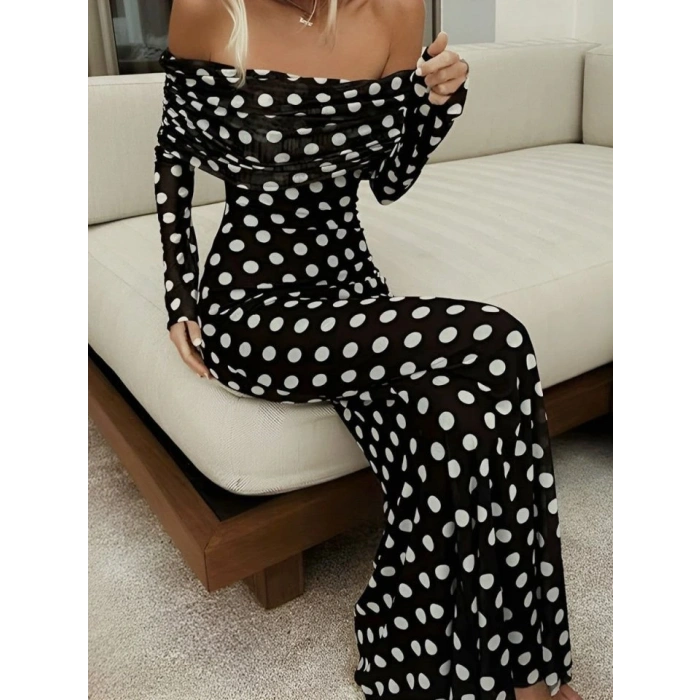 Puantiyeli Tül İçi Astarlı Madonna Yaka Maxi Boy Elbise