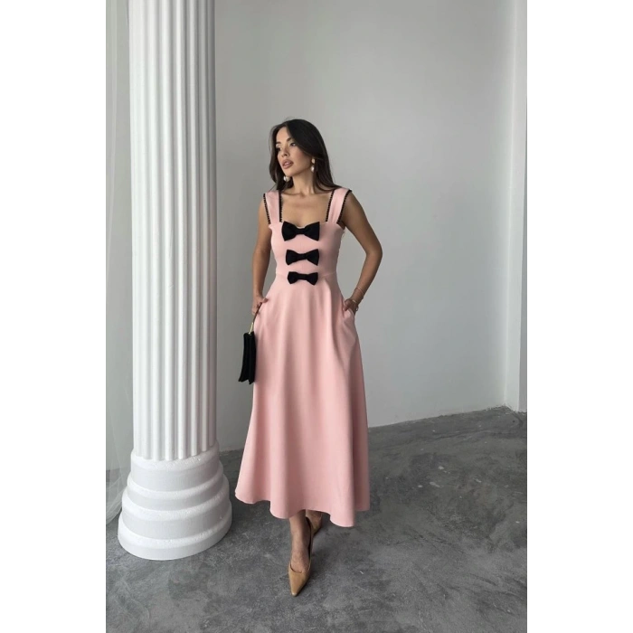 Pudra Fiyonk Garnili Dantelli Elbise