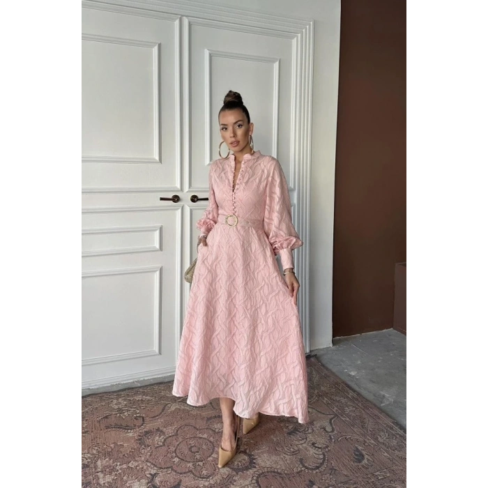 Pudra Kemer Detaylı Uzun Elbise