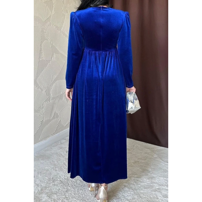 Saks Göğüs Altı Taşlı Elbise