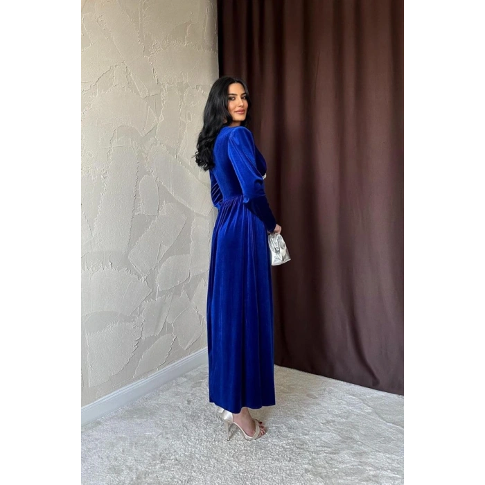 Saks Göğüs Altı Taşlı Elbise