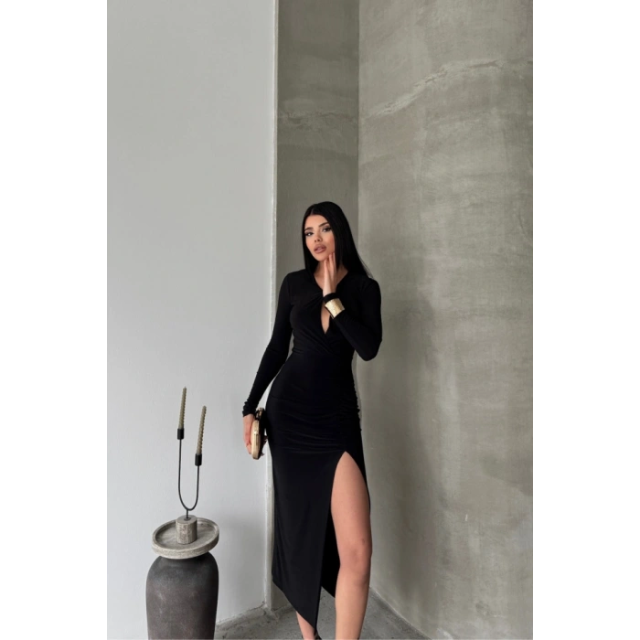 SANDY ELBİSE BÜZGÜ DETAYLI - Siyah