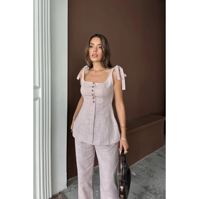 ŞANTUK KETEN YELEK GÖRÜNÜMLÜASKILI BLUZ - PANTOLON TK - Lila