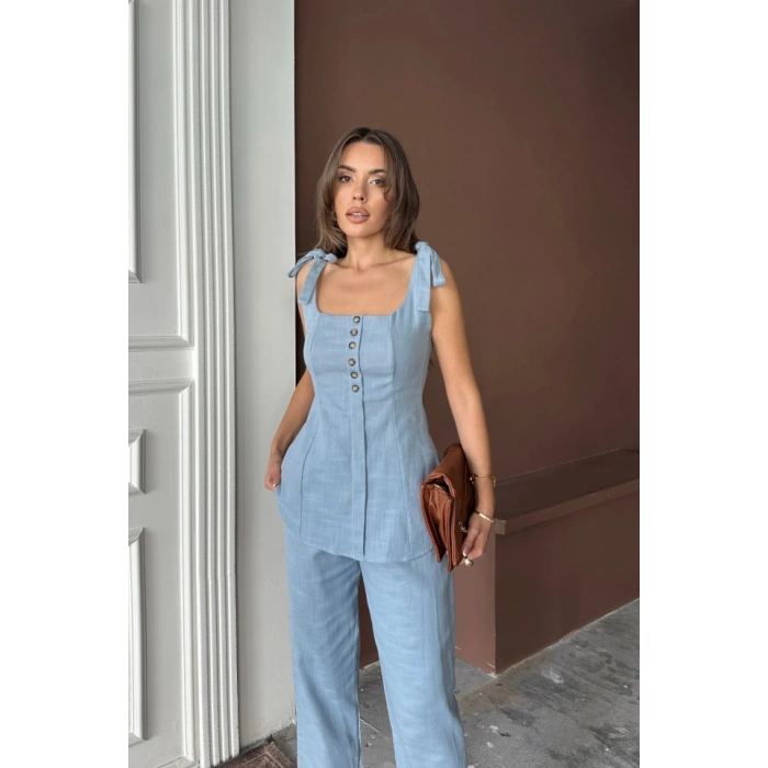 ŞANTUK KETEN YELEK GÖRÜNÜMLÜASKILI BLUZ - PANTOLON TK - Mavi
