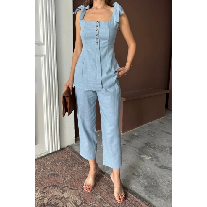 ŞANTUK KETEN YELEK GÖRÜNÜMLÜASKILI BLUZ - PANTOLON TK - Mavi