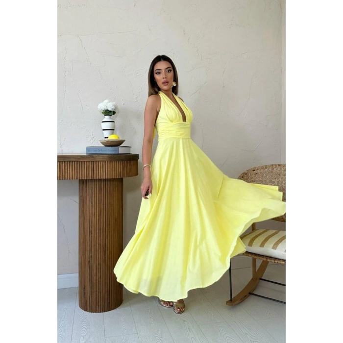Sarı Askılı Keten Elbise