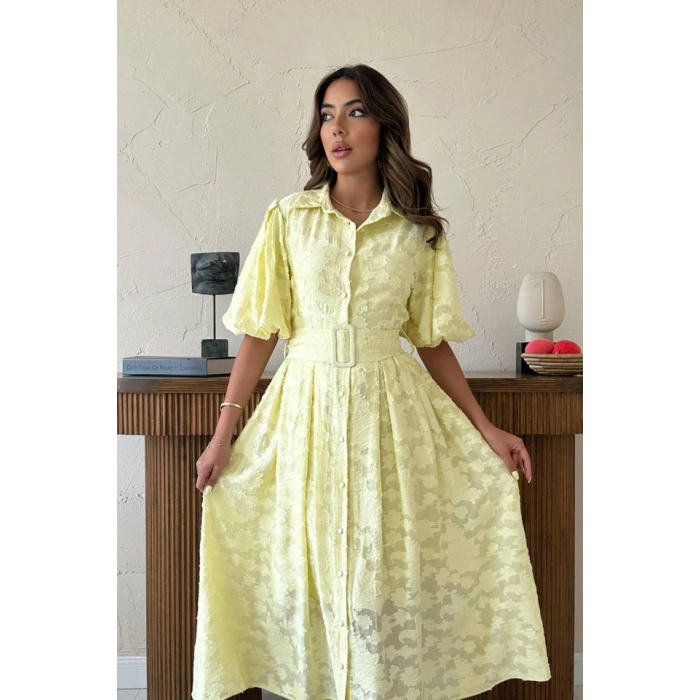 Sarı Kemerli Balon Kollu Elbise