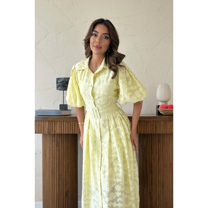 Sarı Kemerli Balon Kollu Elbise