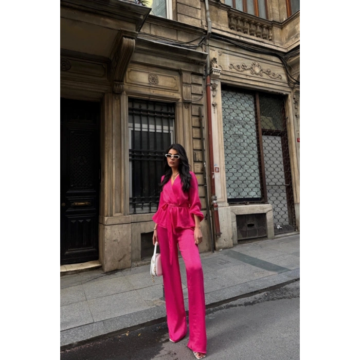 SATEN KRUVAZE BAĞLAMALI BLUZ- PANTOLON TAKIM - Fuşya