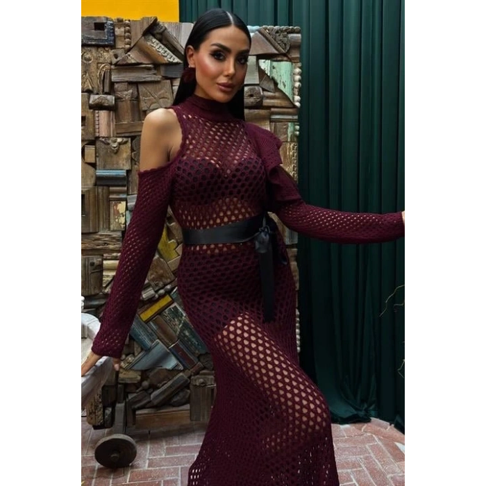 Saten Kuşaklı Ajurlu Triko Elbise 2847