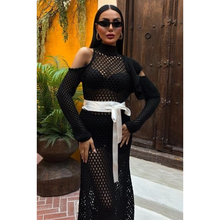 Saten Kuşaklı Ajurlu Triko Elbise 2847