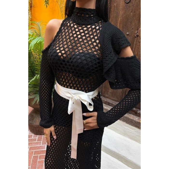 Saten Kuşaklı Ajurlu Triko Elbise 2847