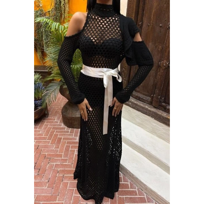 Saten Kuşaklı Ajurlu Triko Elbise 2847