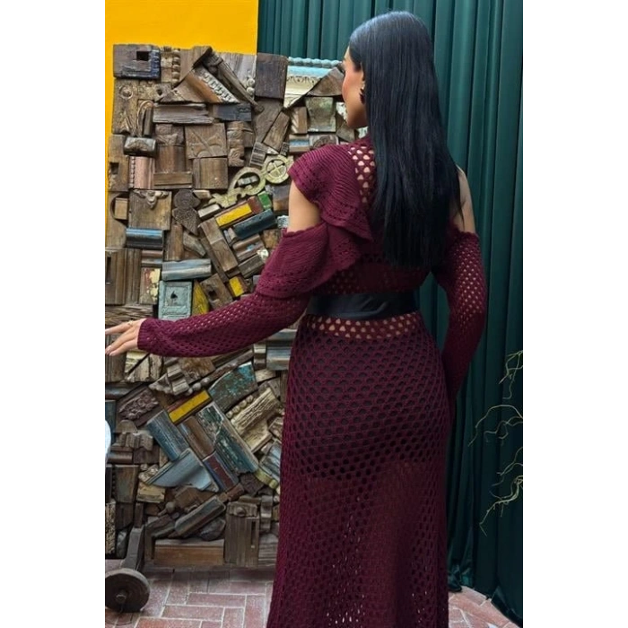 Saten Kuşaklı Ajurlu Triko Elbise 2847