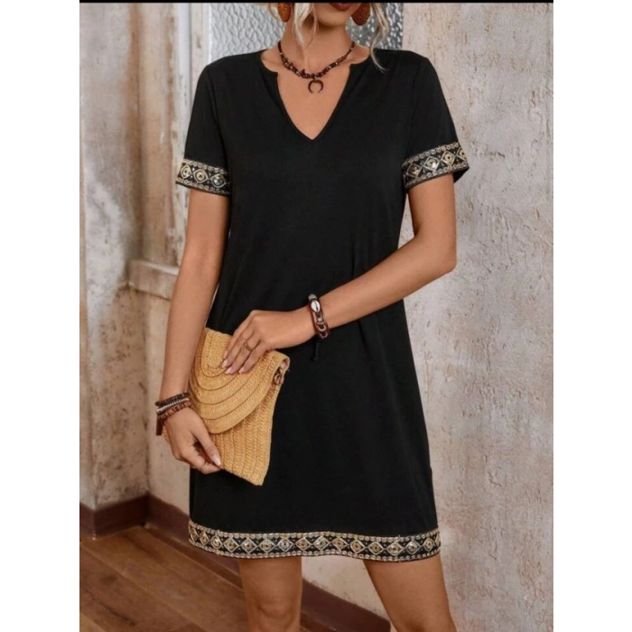 Şerit Detay V Yaka Yandan Cepli Viskon Elbise